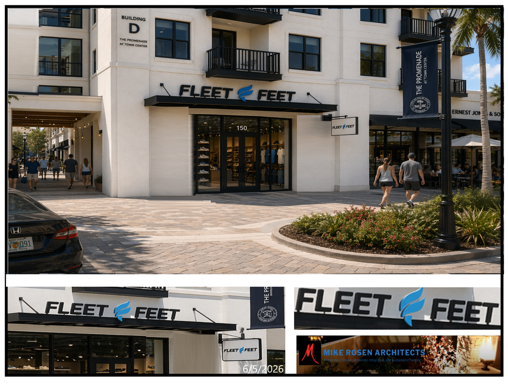 Fleet Feet storefront board, Building D, The Promenade at Town Center