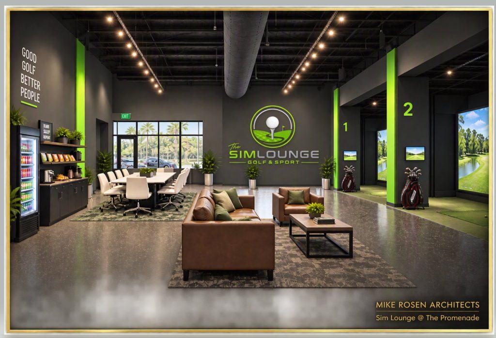 The Sim Lounge Golf & Sport — interior rendering, Mike Rosen Architects