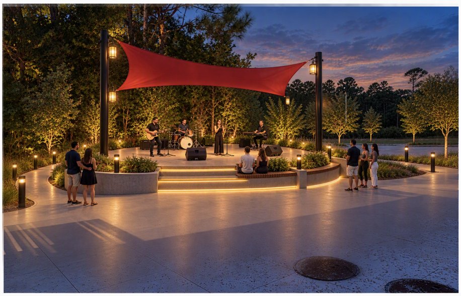 The Promenade Stage — evening performance under the red tensile canopy, rendering